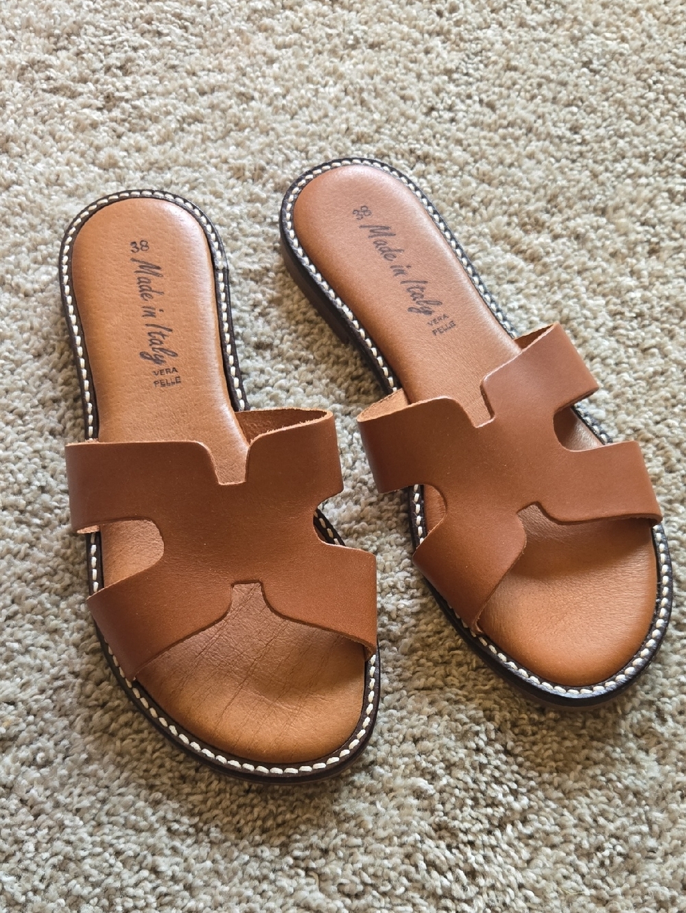 Vera Pelle Women’s Tan Leather Slide Sandals Normcore Minimalist EU 38